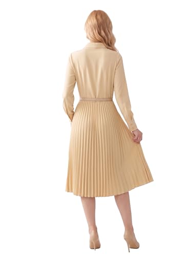 Image of Business Casual Shirt Dress for Women Long Sleeves Pleated Midi Dresses with Belt