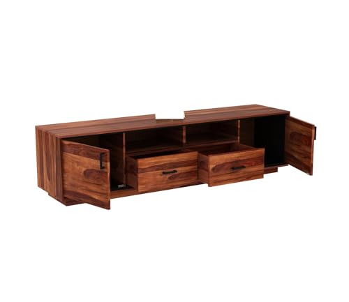 Image of Solid Wood TV Unit for Living Room 65 Inch Furniture - Wooden TV Unit with Storage Cabinet with 2 Drawr, 4 Shelves Wooden TV Cabinet for Living Room - Fits up to 65-Inch TV (Aaron)