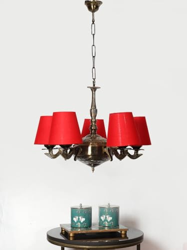 Image of Devansh 05 Lights Red conical Cotton Shade with Antique Golden Chandelier