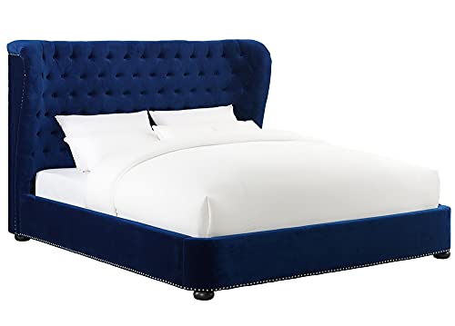TOV Furniture The Finley Collection Contemporary Style Velvet Upholstered Button Tufted Wingback Bed with Nailhead Trim, Queen Size, Blue