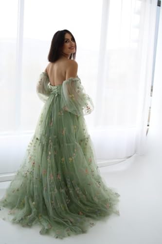 Wchecalino Flower Embroidery Tulle Maternity Dresses for Photoshoot Ruffles Puffy Sleeve Long Robes for Baby Shower3
