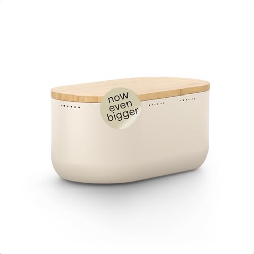 Image of LARS NYSOM Bread Box I Metal bread box for long lasting freshness with non-slip pads I Baked goods Bin with bamboo lid usable as cutting board I 13.6x7.3x6.2in (Cream Beige)