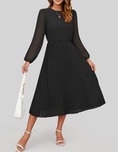 ZESICA Women's Fall Long Sleeve Dresses 2025 Casual Crewneck Chiffon Swing Pleated A Line Cocktail Party Midi Dress3