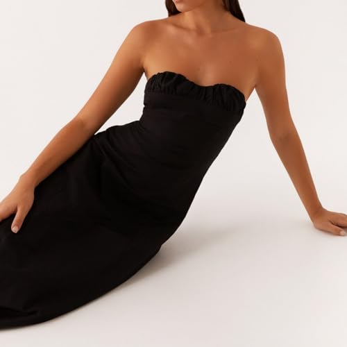 Image of Women Tube Top Maxi Dress 2025 Elegant Sleeveless Strapless Ruched Flowy Summer Long Wedding Party Cocktail Dresses