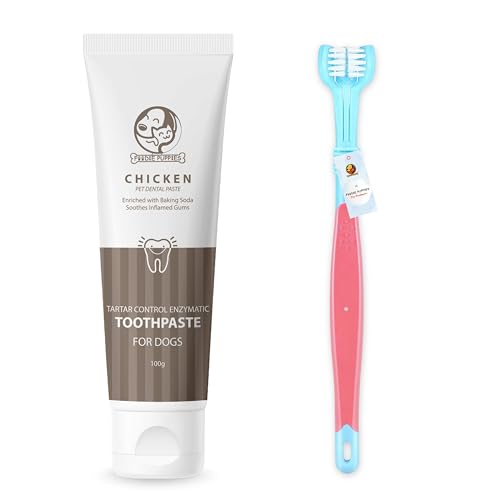 Image of Foodie Puppies Pet Dental /Oral Care Combo of Toothbrush and Toothpaste - (Triplehead Toothbrush + Chicken Toothpaste, 100g) | Removing Bad Breath, Tartar Dental Care Cleaning Combo