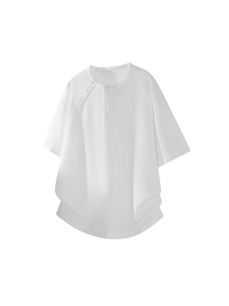 Camiseta de manga corta estilo Hong Kong para hombre, estilo Henley, ajuste holgado, para viajes diarios, fin de semana