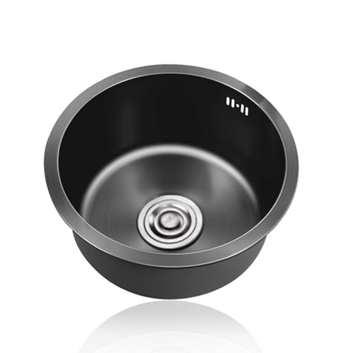 CZYWKDDPP Mini Fregadero Redondo de Acero Inoxidable Negro, pequeño, de un Solo Seno, para caravanas, con escurridor y rebosadero, Ideal para Bares y restaurantes, Montaje bajo encimera o so