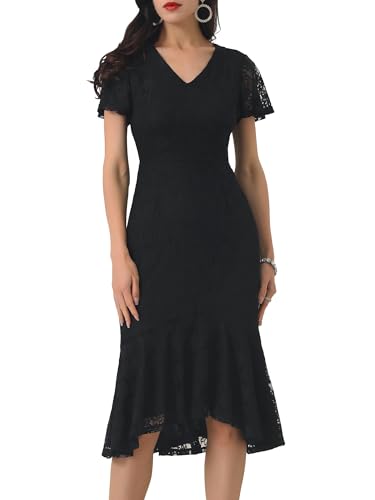 Womens' Lace Floral Dresses Fishtail Formal Cocktail Short Sleeve Midi Dress