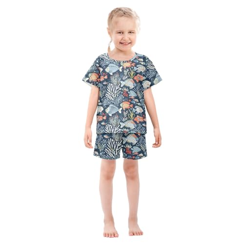 ALAZA Ocean Fish Navy Blue Pajamas Short Sleeve 2 Piece Sleepwear Top and Bottom Pajama Set Unisex3