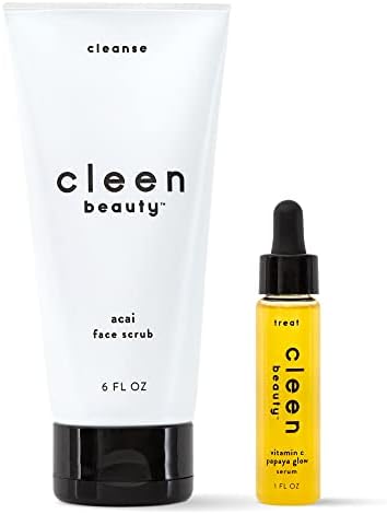 Cleen Beauty Glow Essentials Skincare Set | Acai Face Scrub + Vitamin C Papaya Glow Serum | Exfoliating Face Wash with Brazil Nut Oil & Avocado Oil | Brighten and Moisturize | Vegan Skin Care