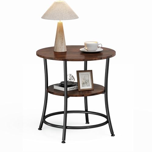 OLIXIS 2-Tier Side Round Table for Living Room, Accent End Table with Storage Shelf,Sturdy Metal Frame Nightstand for Small Space, Round Bedside,Rustic Brown and Ink Black