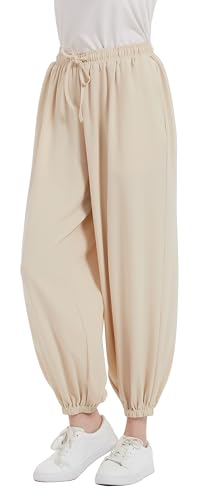 Tronjori Womens Baggy Elastic Waistband Pants High Waist Casual Wide Leg Loose Trousers Drawstring Cinch Bottom