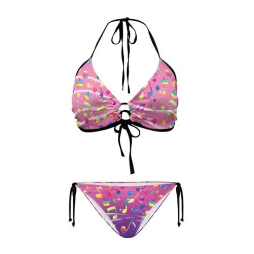 Youngerbaby Music Notes Pink Bikini Women's Halter-Neck High Waist Triangle Bikini Sets, Casual Sleeveless Swimsuits for Beach