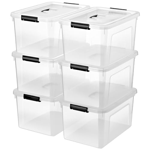 19 Quart Plastic Storage Bins with Lids, 6-Pack Stackable Clear Storage Organizing Box with Handle