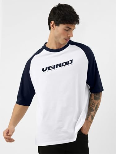 Image of Veirdo 100% Pure Cotton Oversized Loose Baggy Fit Drop Shoulder Round Neck Cool Front Chest Typographic Logo Printed Raglan Sleeve T-Shirt for Men (Colors: White, Black, Swanwhite, Beige & Grey)