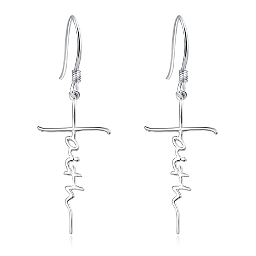 PRAYMOS Faith Cross Earring for Women 925 Sterling Silver Hypoallergenic Long Cross Earring Religious Christan Faith Jewelry Christmas Gifts - Main Image