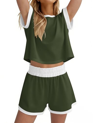 Image of MISSACTIVER 2 Piece Lounge Set Women Stripe Knit Short Sleeve Tee Shirts Shorts Casual Summer Loungewear Shorts Sets