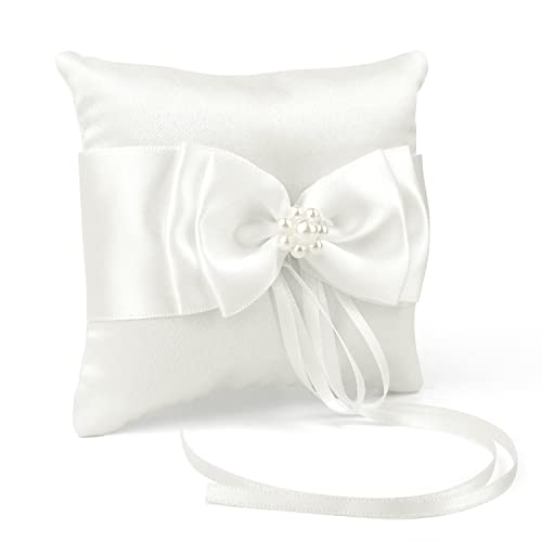 SHANMEI Ringkissen Hochzeit, Kreativer Ringkissen Vintage Ringhalter Hochzeit Deko, Bogen Perlen Ringkissen für Hochzeit, Braut Gastgeschenke Hochzeit, Weiß Cover