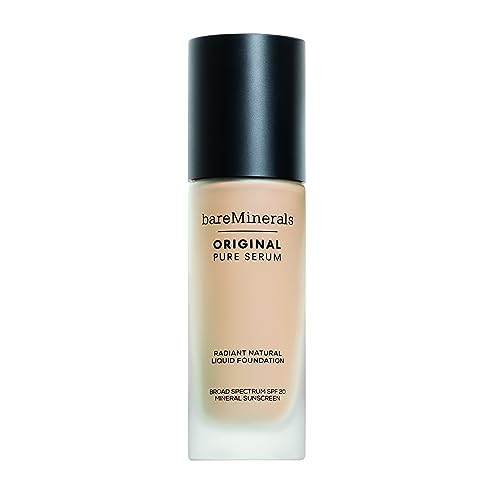 bareMinerals Original Pure Serum Radiant Natural Liquid Foundation Mineral SPF 20, Hydrating Skin Tint, Dewy Finish, Lightweight, Medium Coverage, Non-Comedogenic, Vegan