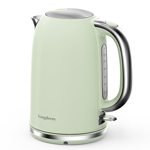 Electric Tea Kettle for Boiling Water, Wide Open Lid Stainless Steel Water Boiler, 1500W/1.7L for Coffee/Tea Brewing, Auto Shut Off & Boil Dry Protection, Cordless Swivel Base & LED Indicator, Green