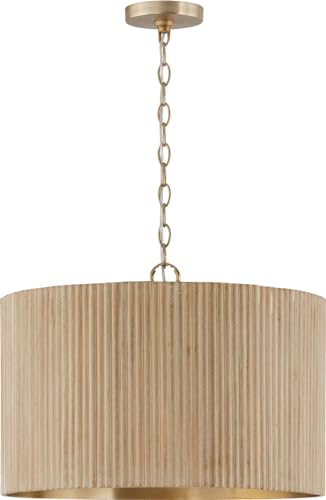 Capital Lighting 350741WS Donovan Mid-Century Modern Artisan Luxe Fluted Mango Wood Drum Pendant Ceiling Light, 3-Light 180 Total Watts, 15" H x 20" W, White Wash and Matte Brass