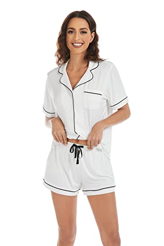 Image of LUBOT Women's Pajamas Set Two-piece PJs Set for Women 2PC Short Sleeve Button-Down Summer Sleepwear Loungewear (White, S)