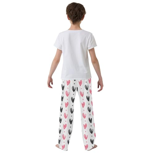 Black and Pink Love Heart Boys Long Pants Soft Trousers Elastic Waist Kids Lounge Bottoms with Pockets S-XL3
