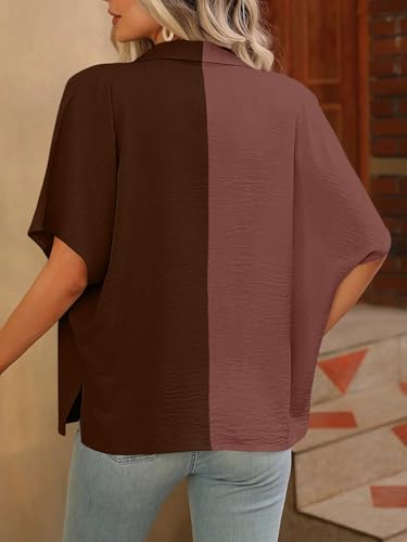 Image of GRECIILOOKS Polycotton Shirt for Women | Shirt Top | Color Block Button Down Blouse Casual Loose Fit Short Sleeve Summer Shirts Work, Vacation & Everyday Wear