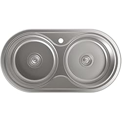 Fregadero Inox Cata Cata 2604209 Fregadero de Cocina | Modelo R 2 AG | 2 cubetas Redondas | Mueble de 90 cm | Profundidad de 18 cm | Incluye Accesorios, Acero Inoxidable