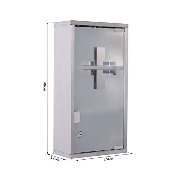 HOMCOM Stainless Steel wall mounted Medicine Cabinet with 2 Shelves + Security Glass Door Lockable 48 cm(H) - Image 3
