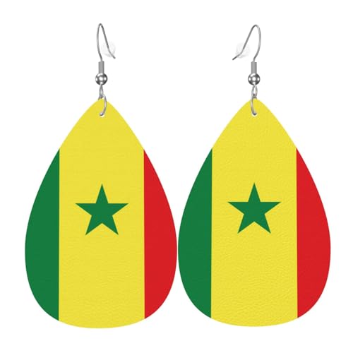 Paire de boucles d'oreilles pendantes en cuir synthétique avec drapeau du Sénégal pour femme