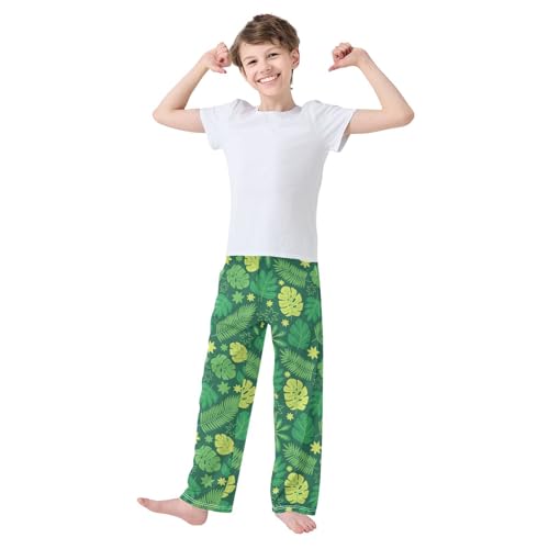 ZZXXB Summer Tropical Leaves Boys Long Pants Soft Trousers Elastic Waist Kids Lounge Bottoms with Pockets S-XL2