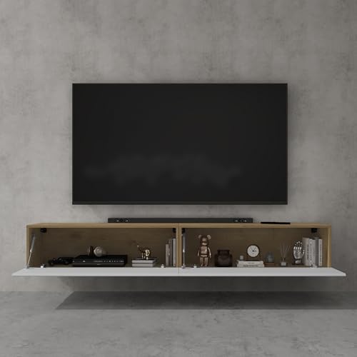 Miniatura 3 de Doporro Mueble De Tv Para Salón De 200 Cm En Núcleo De Roble Y Blanco Mate Mesa Tv, Con Puerta Abatible Hacia Abajo, Mueble De Tv Flotante, Estante Tv 02