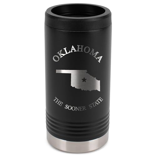 100 North Oklahoma The Sooner State Black 6 x 2.25 Stainless Steel Double Walled Slim Can Insulated Beverage Holder