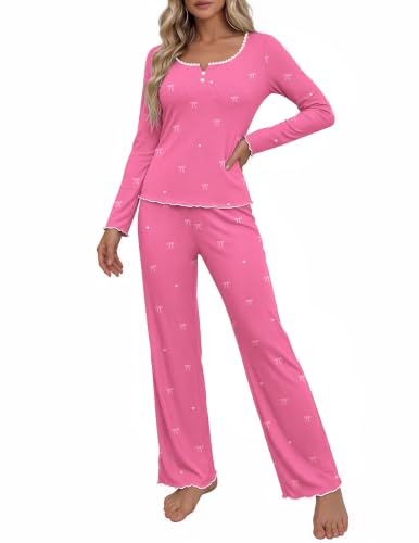 Ekouaer Women Fall Pajama Sets Cute V Neck Lounge Set Flared Wide Leg - image 1
