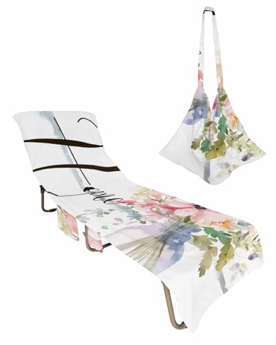 Floral Spring Beach Chair Towel Covers for Chaise Lounge with Side Pocket, Soft Plush Pool Towels Cover for Patio Sunbathing Outdoor 29''x85'' Spring Summer Bottle Flower White