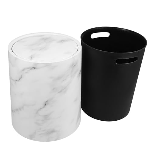 Caneca de basura blanca con tapa batiente y diseño marmolado