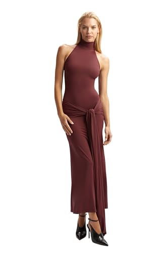 BARDOT Isadora Maxi Tie Front Dress for Women - Deep Plum Flowing Halter Neck Occasion Gown
