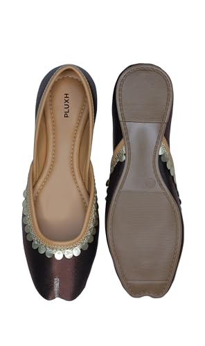 Image of Pluxh Women's Ethnic Jutti Shoes | Shiny Finish Mojari with Sequin Border | Soft Cushioned Slip-On Flats for Casual