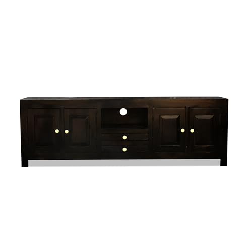 Image of Sheesham Wood TV Stand and Shelf Storage Entertainment Unit Center Console TV Table Wooden Tv Cabinet for Living Room Home (Dark Walnut)