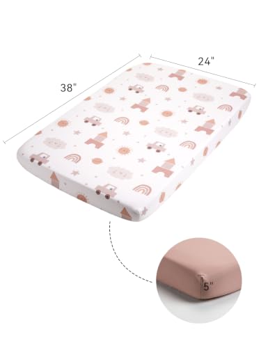Image of TILLYOU Mini Crib Fitted Sheets - Soft Knit Sheet for Pack N Play, Microfiber Mini Crib Sheets, 38 x 24 Playpen Bedding Sheet for Baby 2 Pack, Machine Washable, Block car