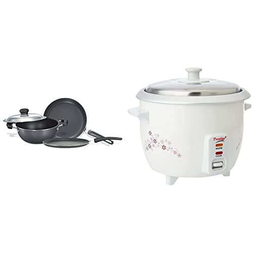 Prestige Omega Select Plus Residue Free Non-Stick Kitchen Set, 3-Pieces + Prestige Delight PRWO 1-Litre Electric Rice Cooker (White)