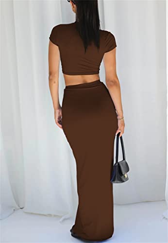 Image of Two Piece Skirt Set for Women 2 PC Y2K Outfits Short Sleeve Crop Tops Bodycon High Waist Long Maxi Skirts