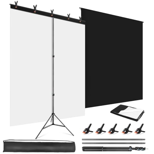 JEBUTU Black White Backdrop with Stand, 1.5x2m 2-in-1 Black & White Backdrop with 1.5x2m T-Shape Background Support, Background Kit for Photography, Portrait, Video, Studio, Shooting