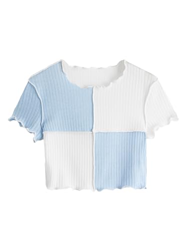 Milumia Girl's Rib Knit Color Block Crop Tee Short Sleeve Lettuce Trim Crewneck Tshirt