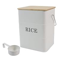 ZoeQide Reisbehälter 10L Metall mit Bambusdeckel & Löffel, luftdichter Reis Aufbewahrungsbehälter, Vorratsdose Küche für Lebensmittel, Retro Getreidebehälter Weiß für Reis & Müsli