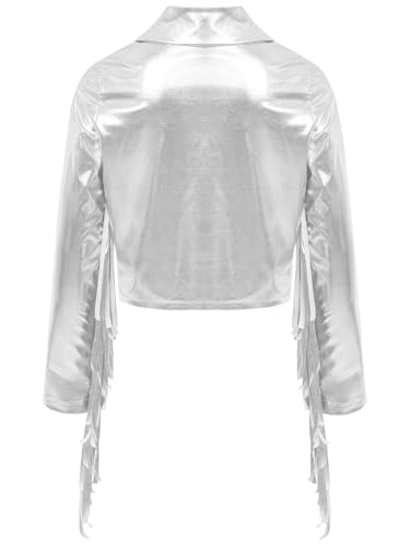 JEATHA Kids Girls Shiny Metallic Jacket Tassels Fringe Long Sleeve Zipper Coat for Hip Hop Jazz Dance Party3