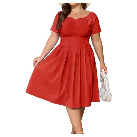 Vestido feminino plus size de verão, ombro de fora, manga curta, evasê, para convidadas, casamento, rodado, cintura rodada, vestido midi com bolsos, 176-vermelho, 5G