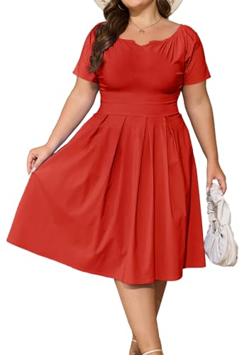 Image of Womens Plus Size Summer Dresses Off Shoulder Short Sleeve A-Line Wedding Guest Swing Waist Midi Dress with Pockets