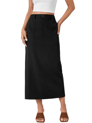Rooscier Women's Split Back Elastic High Waist Pencil Cargo Midi Long Skirt with Pockets2